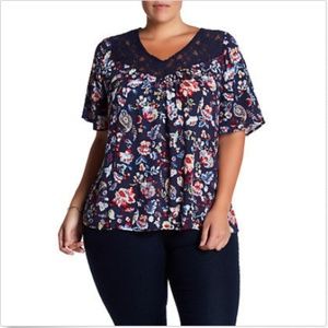 LOVE ON A HANGER Top Blue Floral Lace Yoke Boho